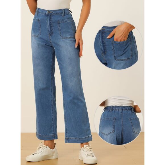 High Waisted Straight Leg Jeans Buttoned Loose Denim Pants Blue - Picture 2 of 6